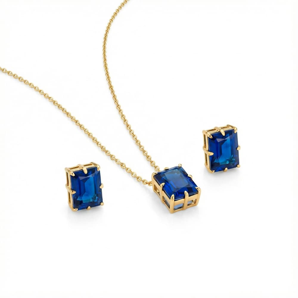 Conjunto de Colar e Brincos em Formato Baguete Estruturado Zircônia Azul