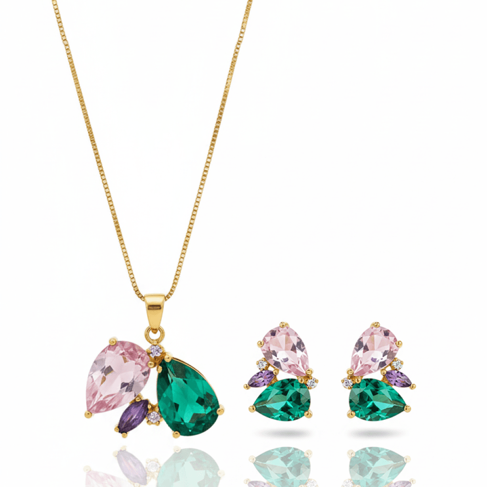 Conjunto de Colar e Brincos em Formato Gota Estruturada Navete Cristal