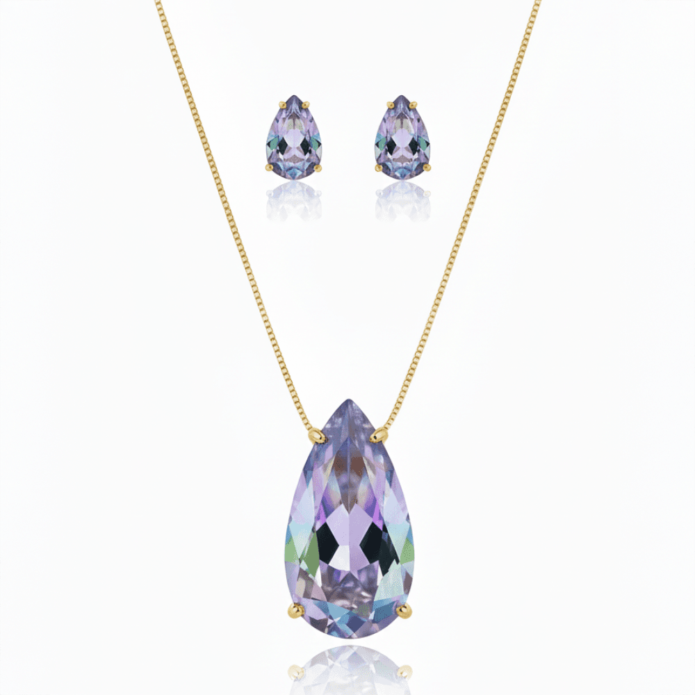 Conjunto de Colar e Brincos em Formato Gota Facetada Cristal Multicolor