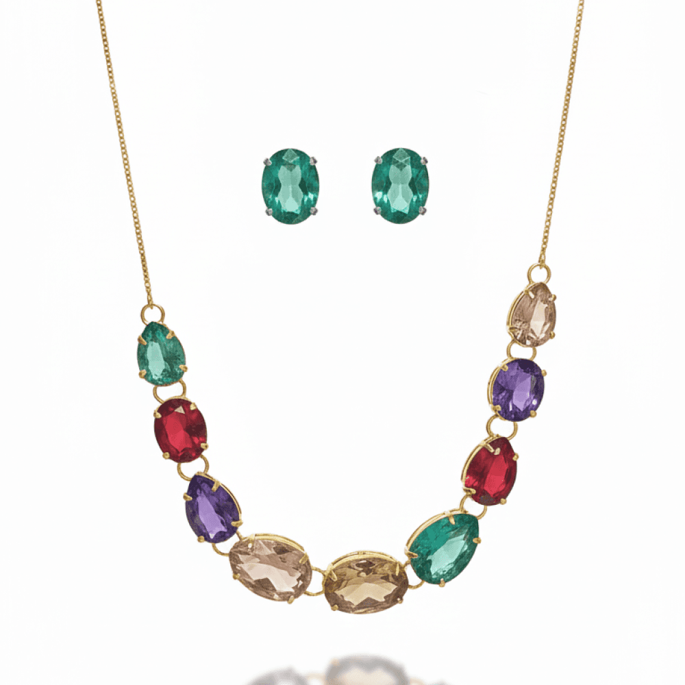 Conjunto de Colar e Brincos em Formato Oval Segmentado Zircônia