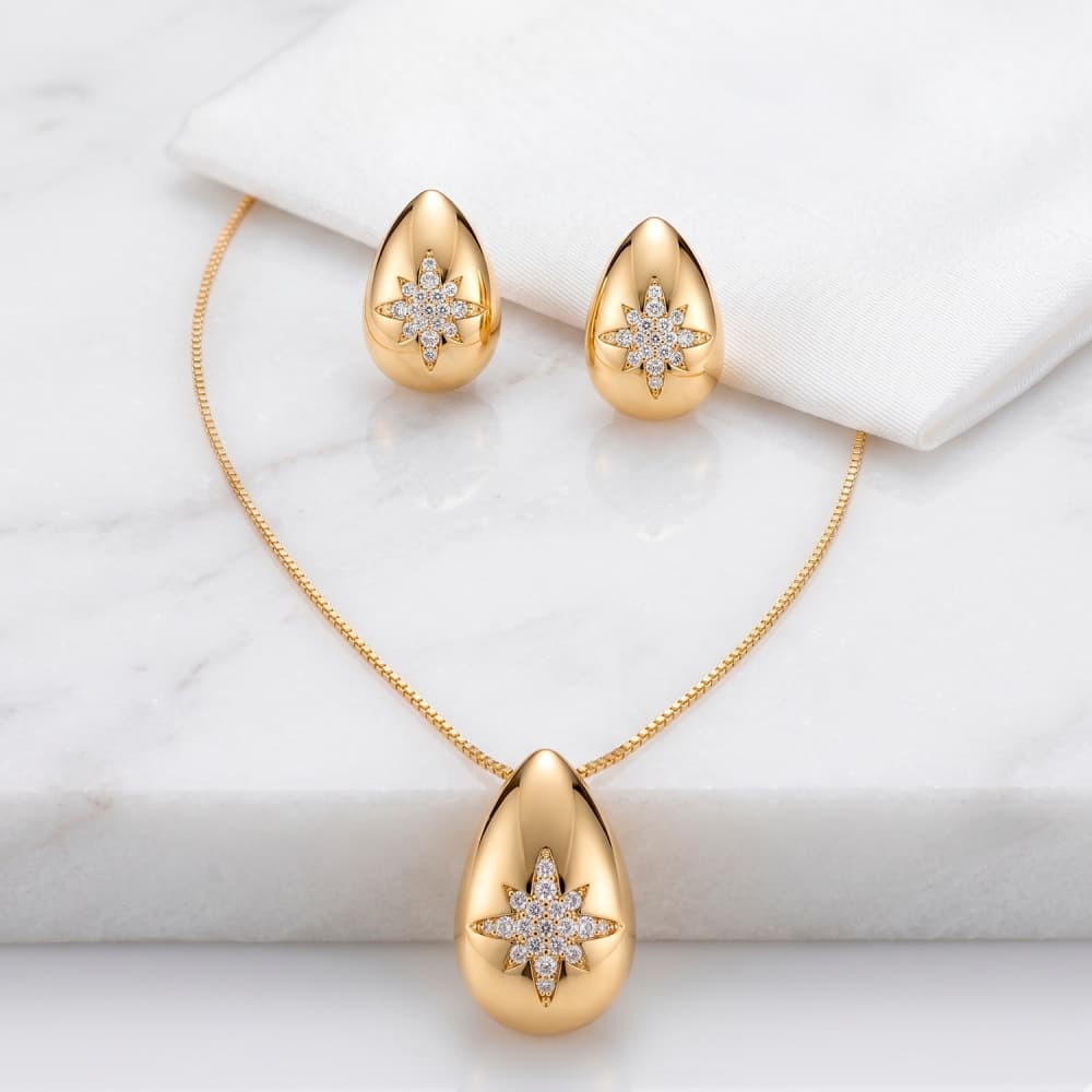 Conjunto Gota Estrela com Cristais Banhado